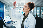 Scientist, sample and woman in laboratory with test tube for research, experiment or DNA analysis. Study, pharmaceutical and medical person for investigation, molecule structure or develop cure