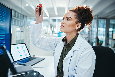 Buy stock photo Scientist, blood and woman in laboratory with test tube for research, experiment or DNA analysis. Study, pharmaceutical and medical person for investigation, molecule structure or develop cure