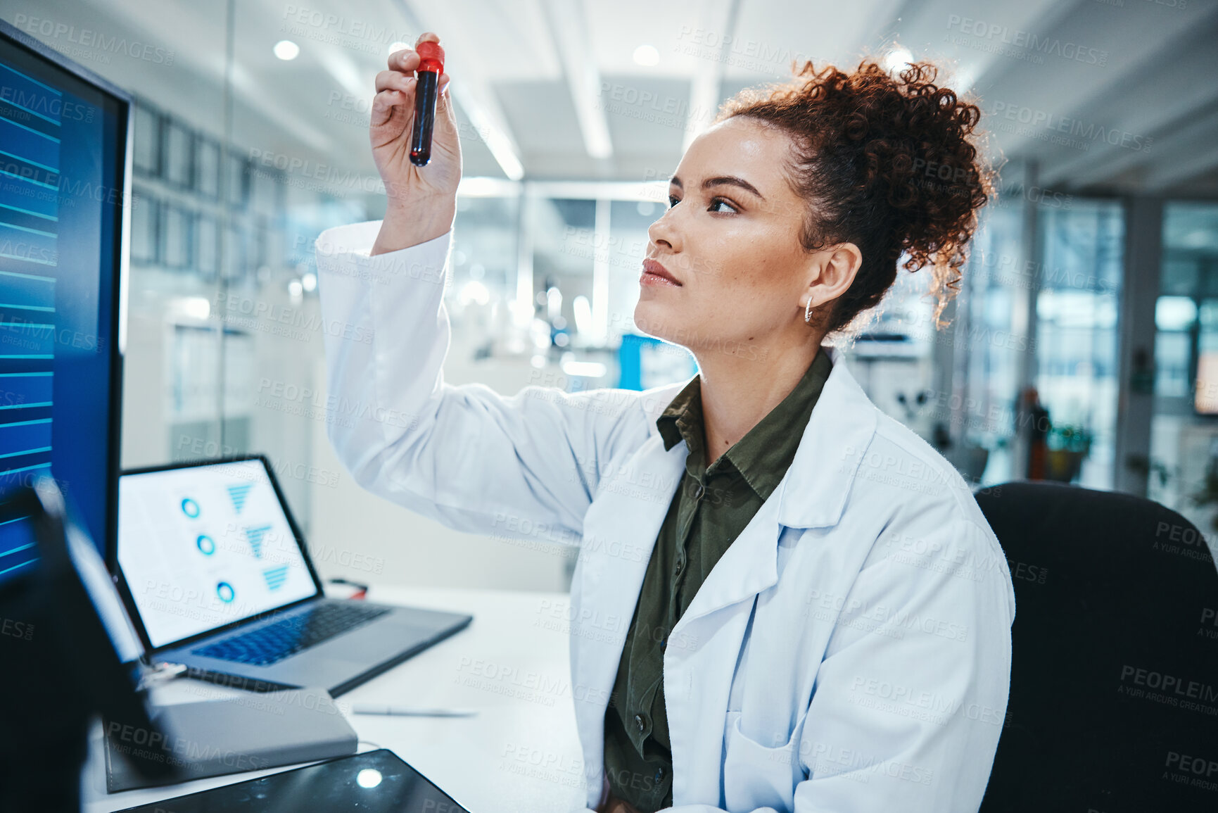 Buy stock photo Scientist, blood and woman in laboratory with test tube for research, experiment or DNA analysis. Study, pharmaceutical and medical person for investigation, molecule structure or develop cure