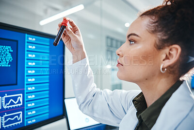 Buy stock photo Blood, computer screen and science with woman in laboratory for development, innovation or research. DNA, pharmaceuticals and test tube with scientist at work on medical pathology or discovery