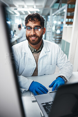 Buy stock photo Science, man and typing in laboratory on computer for medical results, investigation and pharmaceutical research. Male scientist, reading and innovation for clinical study, review and development.