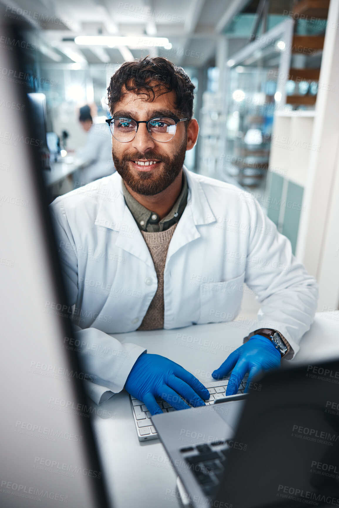 Buy stock photo Science, man and typing in laboratory on computer for medical results, investigation and pharmaceutical research. Male scientist, reading and innovation for clinical study, review and development.