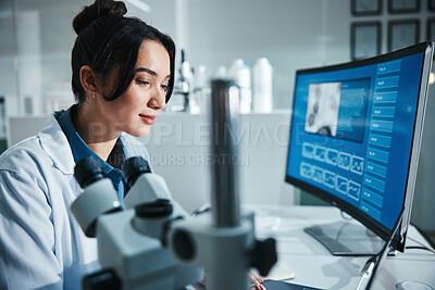 Buy stock photo Computer screen, review and science with woman in laboratory for development, innovation or research. Laptop, pharmaceuticals and study with scientist at work on medical breakthrough or discovery