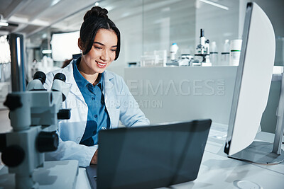 Buy stock photo Laptop, science and smile with woman in laboratory for development, innovation or research. Computer, pharmaceuticals and study with happy scientist at work on medical breakthrough or discovery