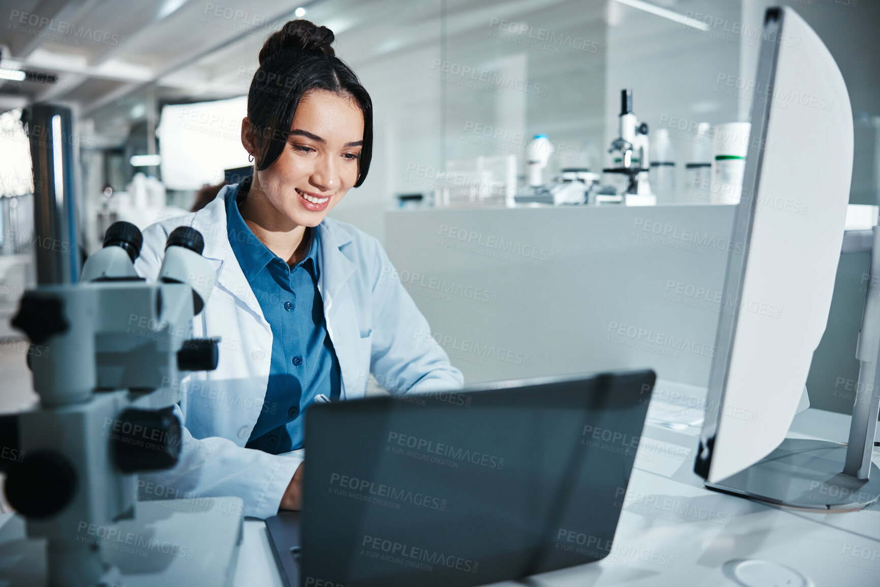 Buy stock photo Laptop, science and smile with woman in laboratory for development, innovation or research. Computer, pharmaceuticals and study with happy scientist at work on medical breakthrough or discovery