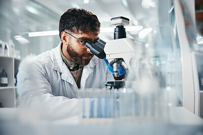 Buy stock photo Healthcare, man and scientist with microscope in lab of experiment research, medical data or studying bacteria. Researcher, check and biotechnology for pharmaceutical development of vaccine solution