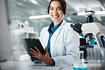 Woman, scientist and portrait with tablet in lab for microscope research, medical data and science information. Smile, researcher and digital for study feedback, vaccine solution and biotechnology