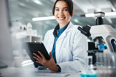 Buy stock photo Woman, scientist and portrait with tablet in lab for microscope research, medical data and science information. Smile, researcher and digital for study feedback, vaccine solution and biotechnology