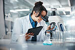 Scientist, woman and microscope with tablet in lab for experiment research, medical data and science information. Smile, researcher and digital for biotechnology study, feedback and vaccine solution