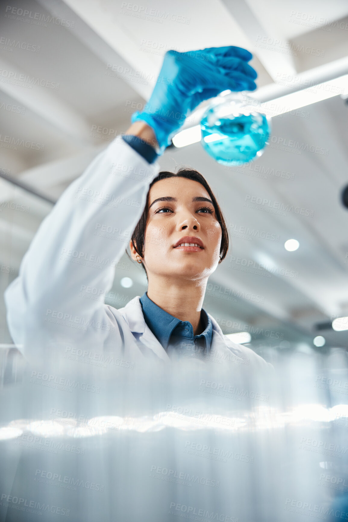 Buy stock photo Chemical, reaction and science with woman in laboratory for breakthrough, innovation or research. Beaker, pharmaceuticals and solution with scientist at work on cure, medicine or vaccine development