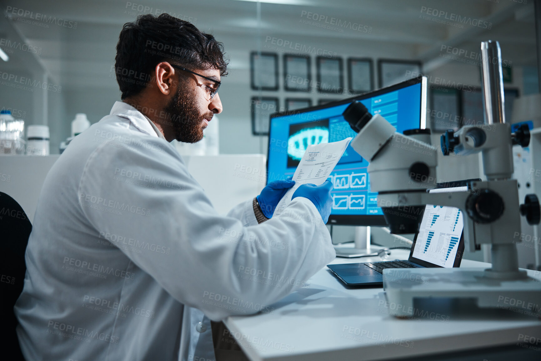 Buy stock photo Computer screen, reading science with man in laboratory for development, innovation or research. Documents, pharmaceuticals and study with scientist at work on medical breakthrough or discovery