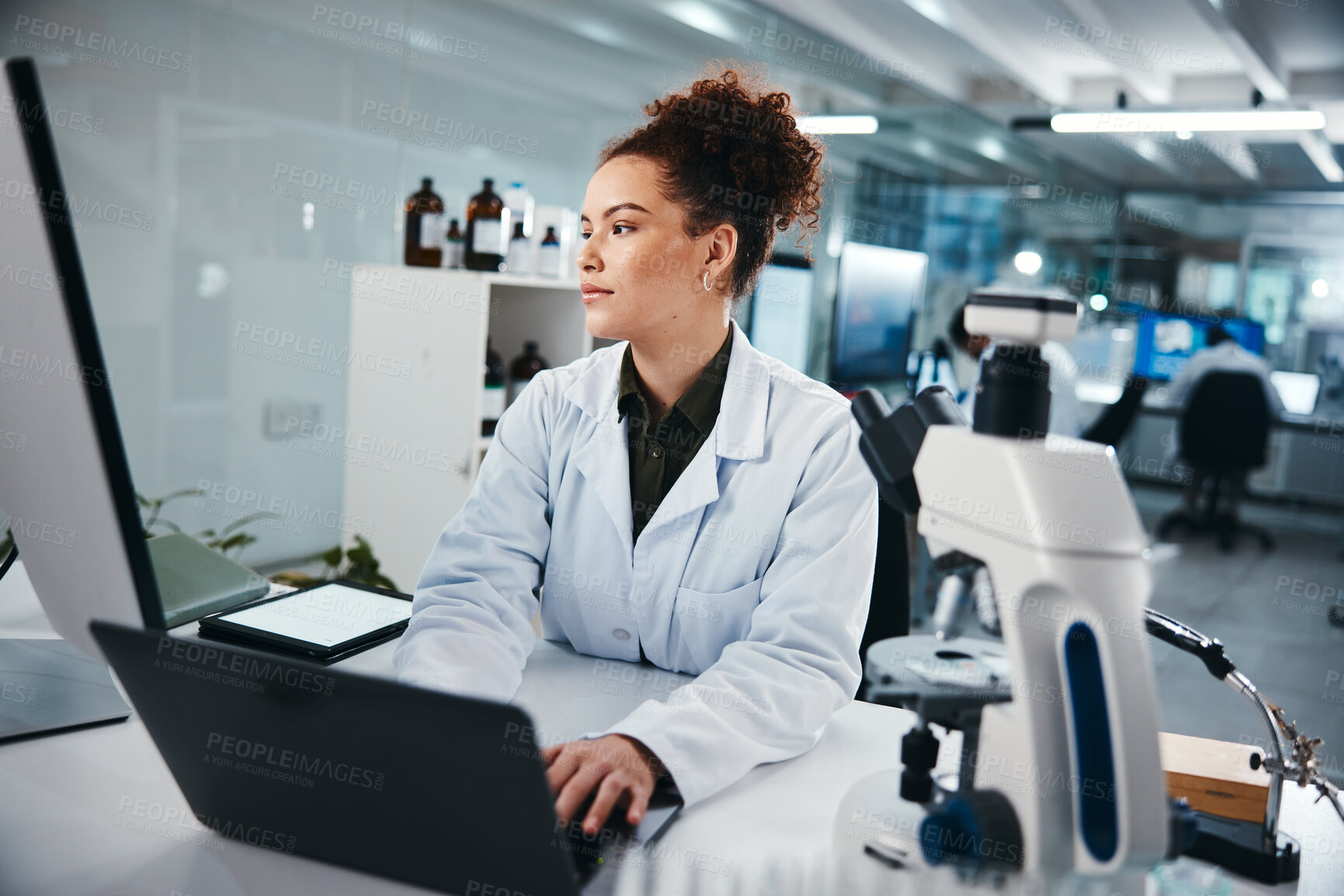 Buy stock photo Concentration, laptop and science with woman in laboratory for development, innovation or research. Computer, pharmaceuticals and typing with serious scientist at work on breakthrough or discovery