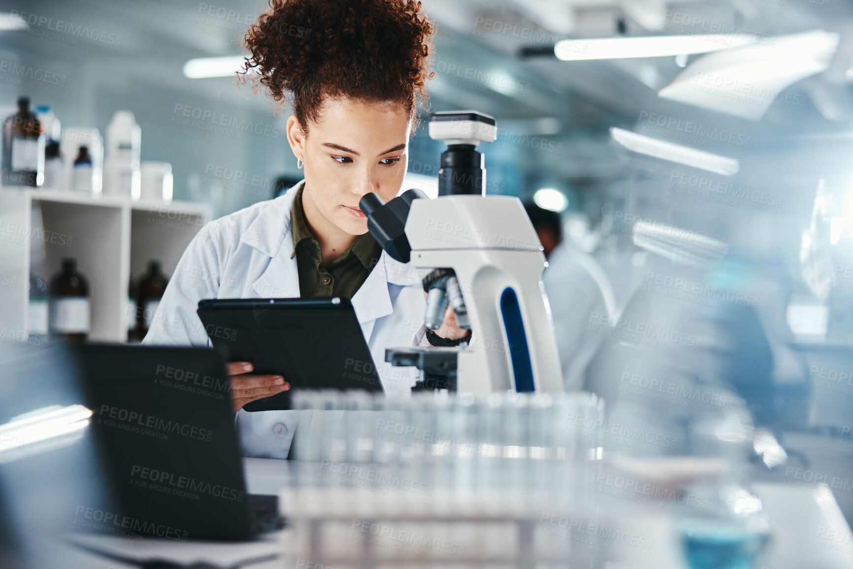 Buy stock photo Woman, scientist and tablet with microscope in lab for experiment research, medical data or science information. Person, researcher and digital for biotechnology study, feedback and vaccine solution