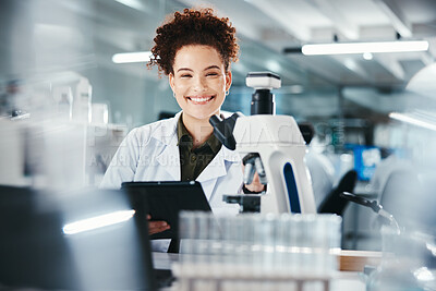 Buy stock photo Woman, portrait and scientist with tablet or microscope in lab, experiment research and medical data for science. Smile, researcher and digital for biotechnology study, feedback and vaccine medicine