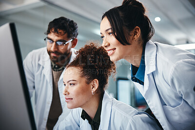 Buy stock photo Science, group and computer with cooperation, research and online reading with medical cure. Employees, researchers and pc with internet, email and approval for lab funding and teamwork with database