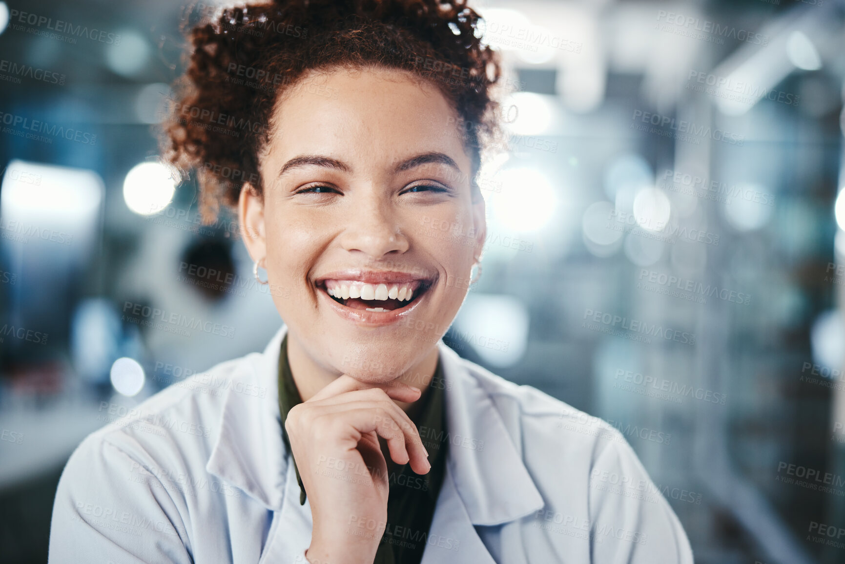 Buy stock photo Scientist, portrait and happy woman in lab for research, experiment or chemical test. Pharmaceutical, study and medical person with smile for investigation, development or confidence with bokeh