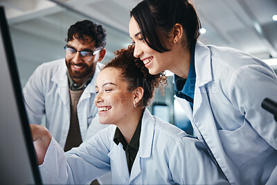 Buy stock photo Science, group and computer with teamwork, research and online reading with medical cure. Employees, researchers and pc with internet, email and approval for lab funding, collaboration with expert