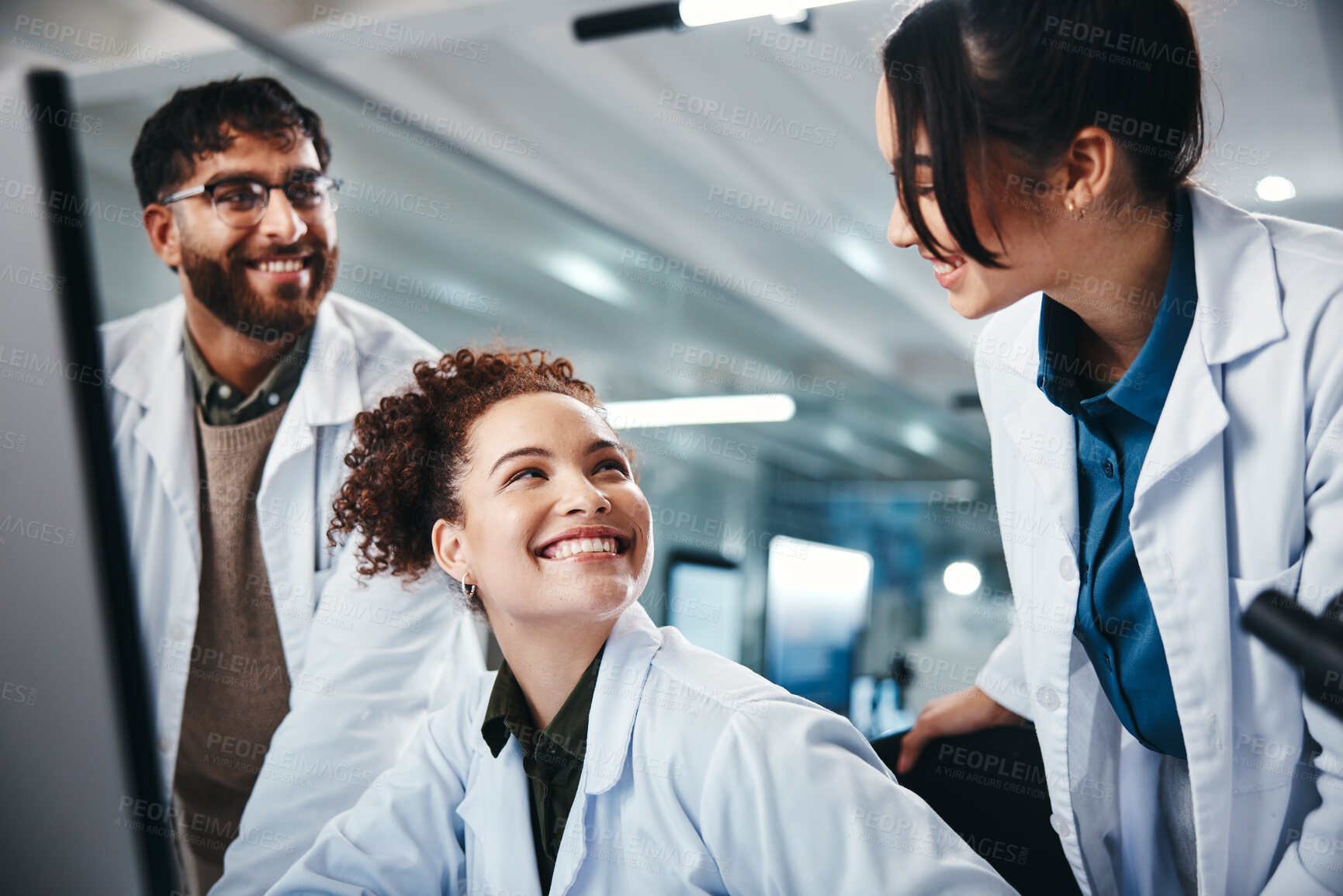 Buy stock photo Science, employees and computer with teamwork, research and online reading with medical cure. Talking, researchers and pc with internet, email and approval for lab funding or collaboration with group