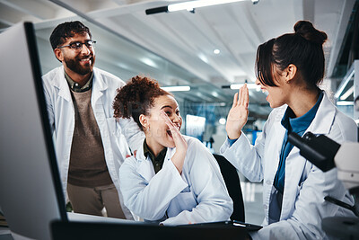 Buy stock photo Computer, scientist and women with celebration, medical research and excited for results of test and man. Lab, online and conversation for medicine of healthcare, pharmaceutical and high five