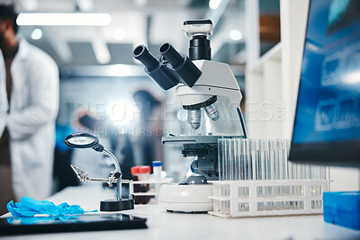 Buy stock photo Science, laboratory and microscope for research or medical study, pharmaceutical development and solution. Biotechnology, equipment and precision instrument for biology, investigation and examination