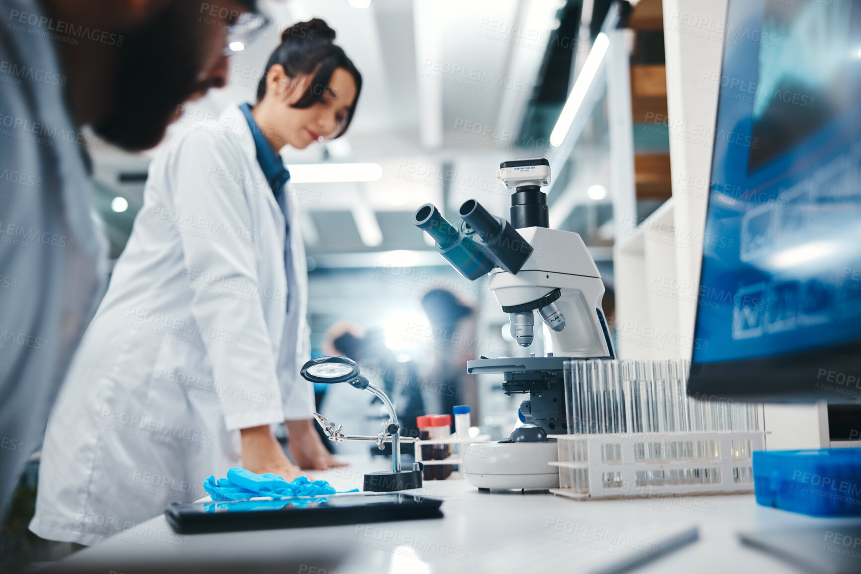 Buy stock photo Scientist, laboratory and woman with microscope for research, experiment or DNA analysis. Study, pharmaceutical and medical person for investigation, molecule structure or develop cure with solution