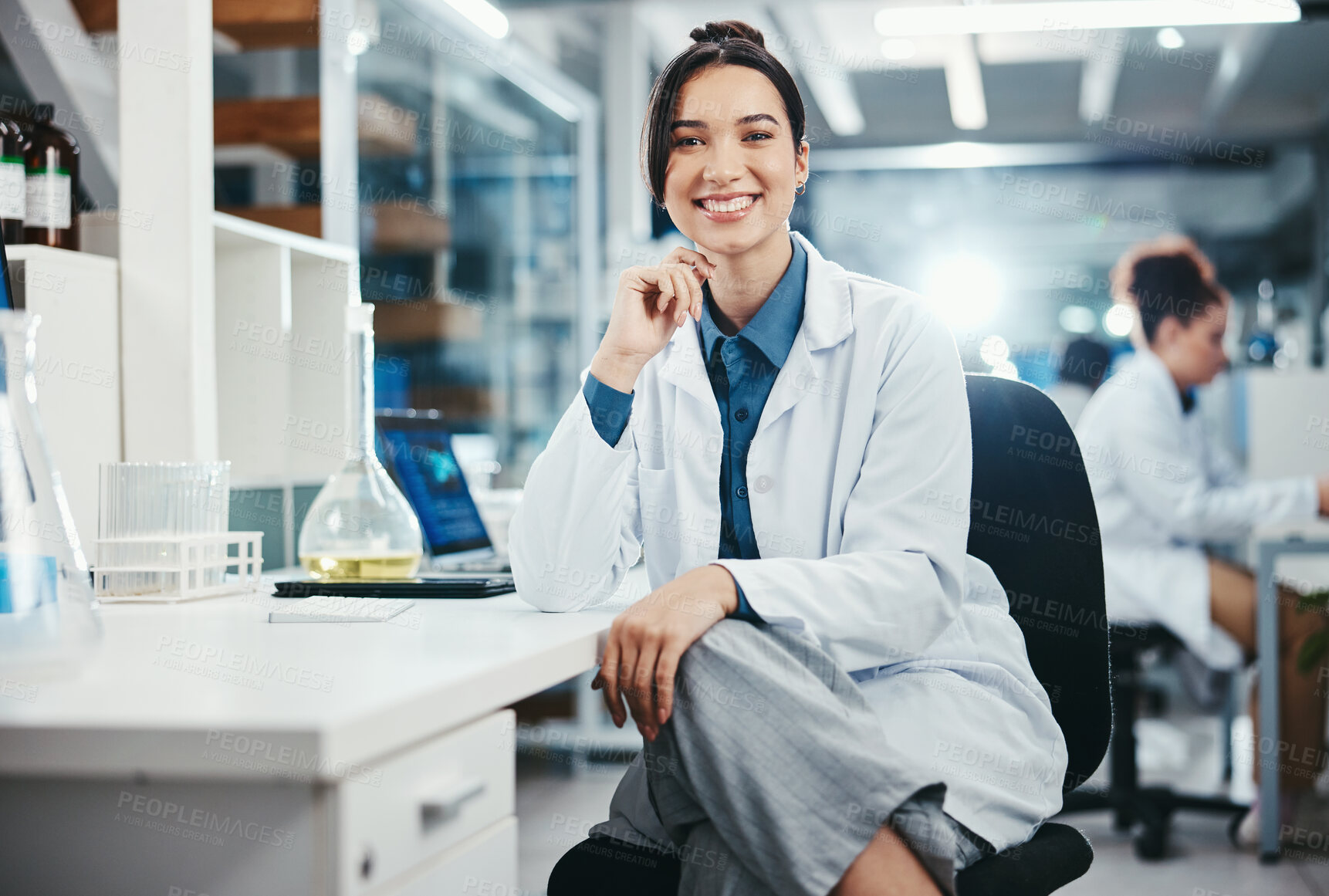 Buy stock photo Scientist, confident and portrait of woman in lab for research, experiment or chemical test. Medical, study and female biochemist with smile for investigation, molecule structure or gene therapy