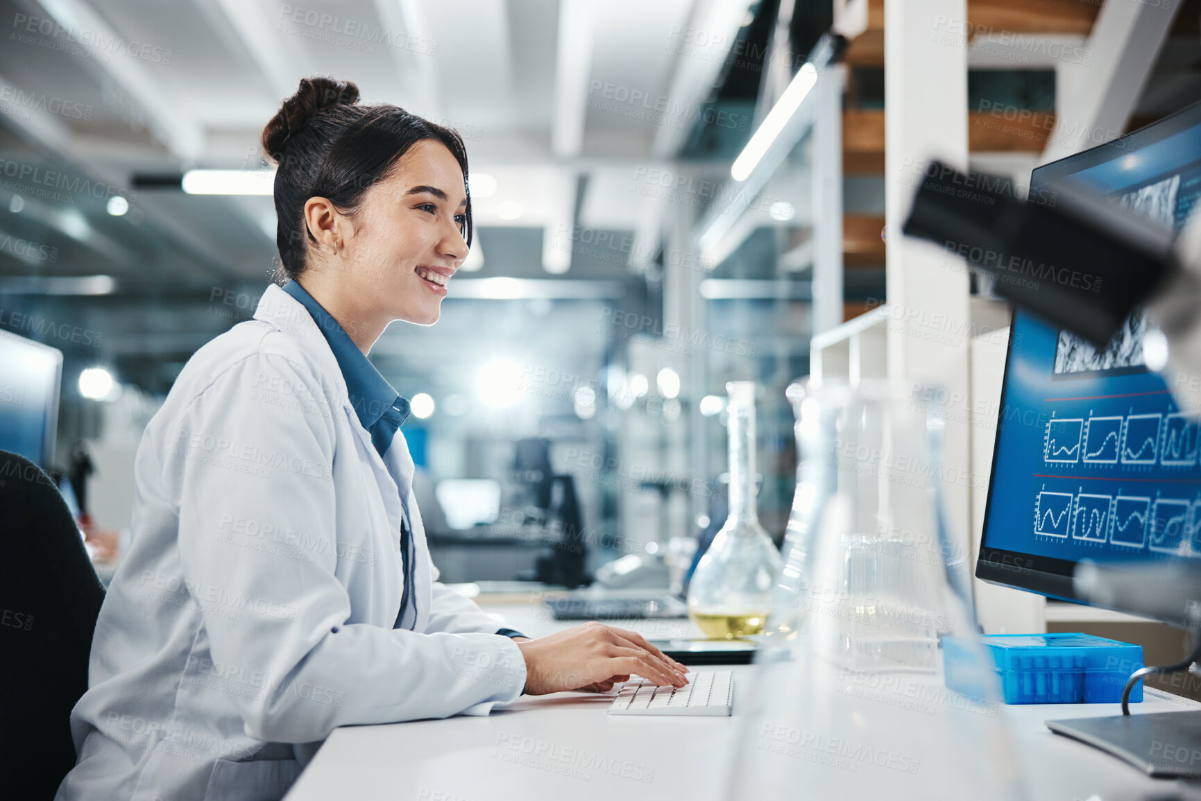 Buy stock photo Laptop, woman and medical scientist in laboratory with online research for cancer clinical trial. Science, computer and female biologist with pharmaceutical discovery for healthcare innovation.