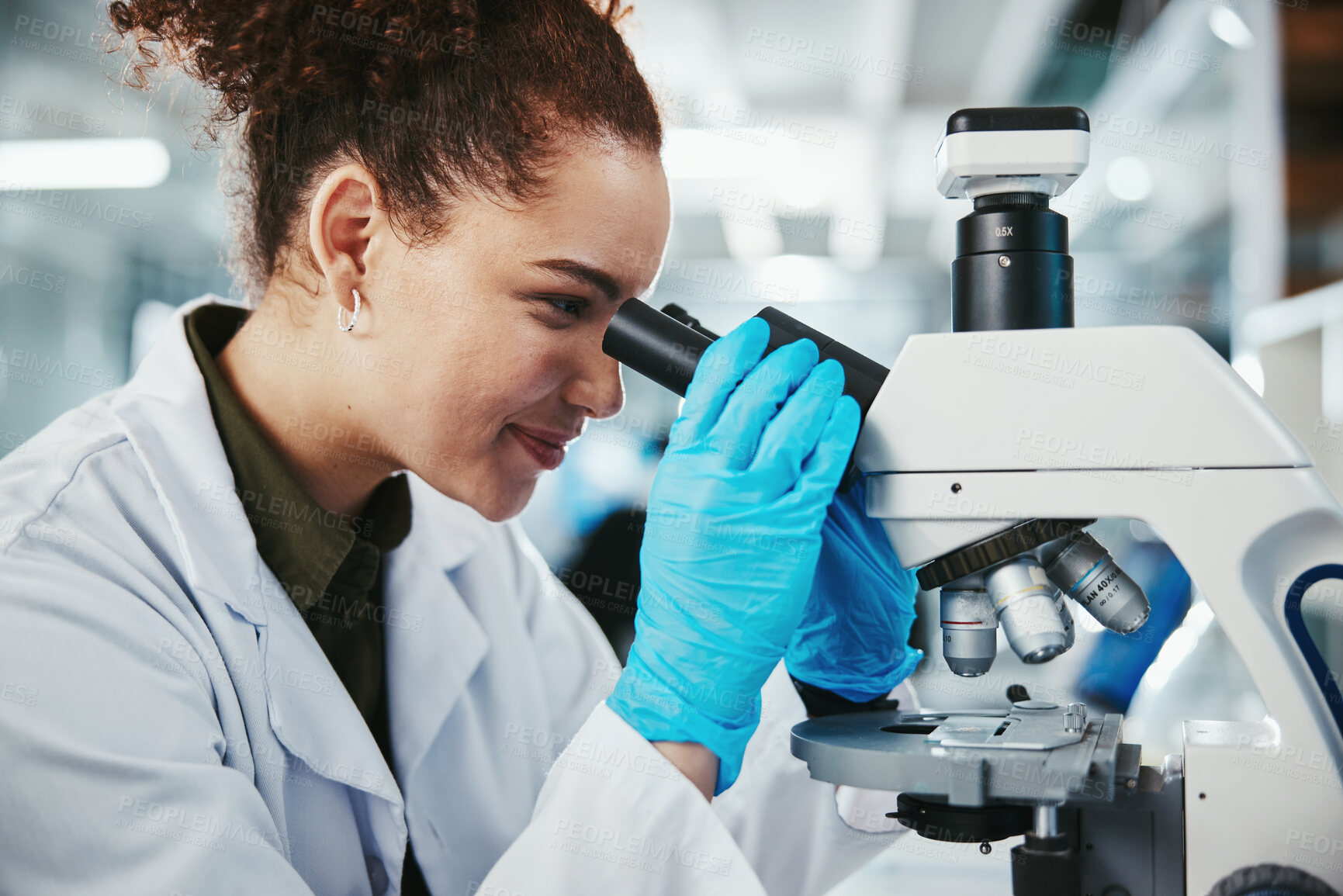 Buy stock photo Woman, microscope and scientist for healthcare in lab of experiment research, medical data or study bacteria. Person, researcher and biotechnology for pharmaceutical development of vaccine production