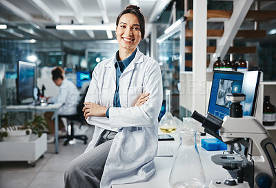 Buy stock photo Scientist, portrait of woman and arms crossed in lab for research, experiment or chemical test. Medical, study and biochemist with confidence for investigation, molecule structure or gene therapy