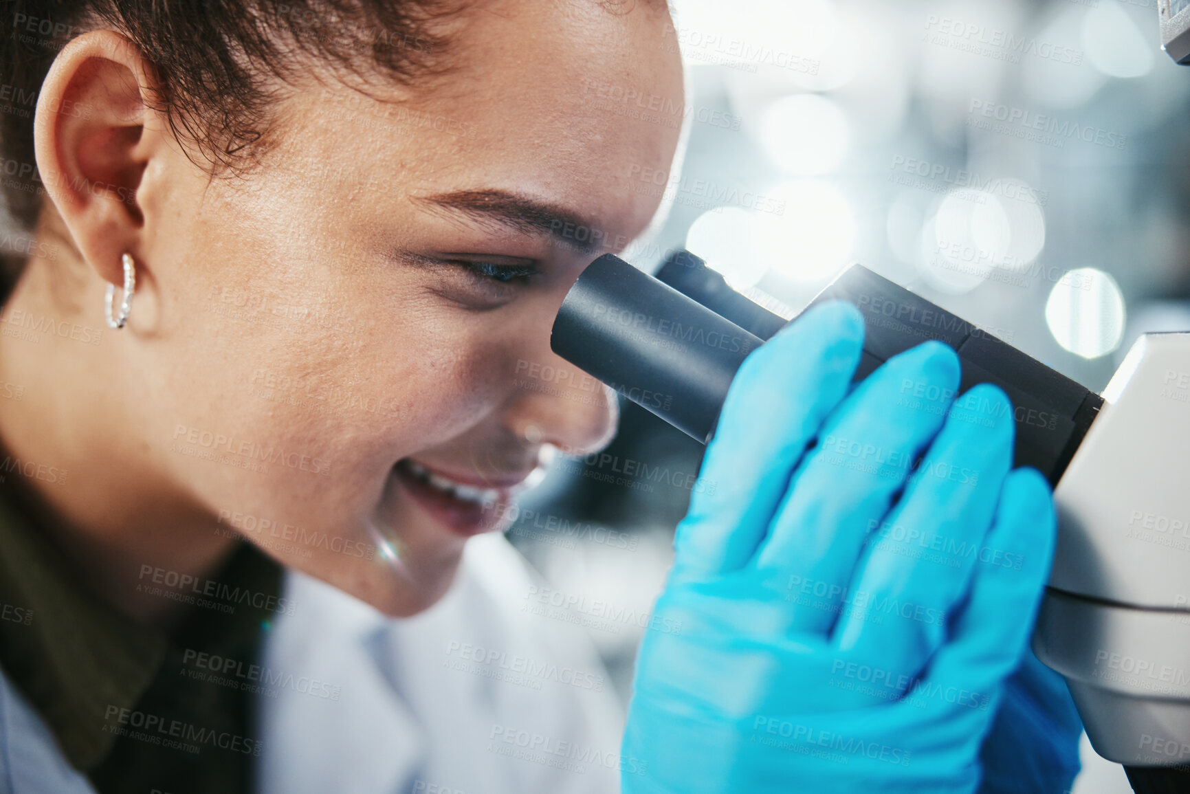 Buy stock photo Woman, healthcare and microscope as scientist in lab for experiment research, medical data or study bacteria. Person, researcher and biotechnology for pharmaceutical development of vaccine production