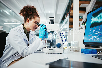 Buy stock photo Healthcare, woman and microscope as scientist in lab for experiment research, medical data or study bacteria. Person, researcher and biotechnology for pharmaceutical development of vaccine production