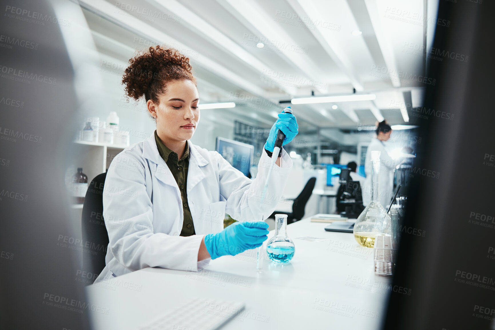 Buy stock photo Scientist, sample and woman in lab with test tube for research, experiment or DNA analysis. Pipette, vaccine and medical person for investigation, pharmaceutical testing or develop cure with solution