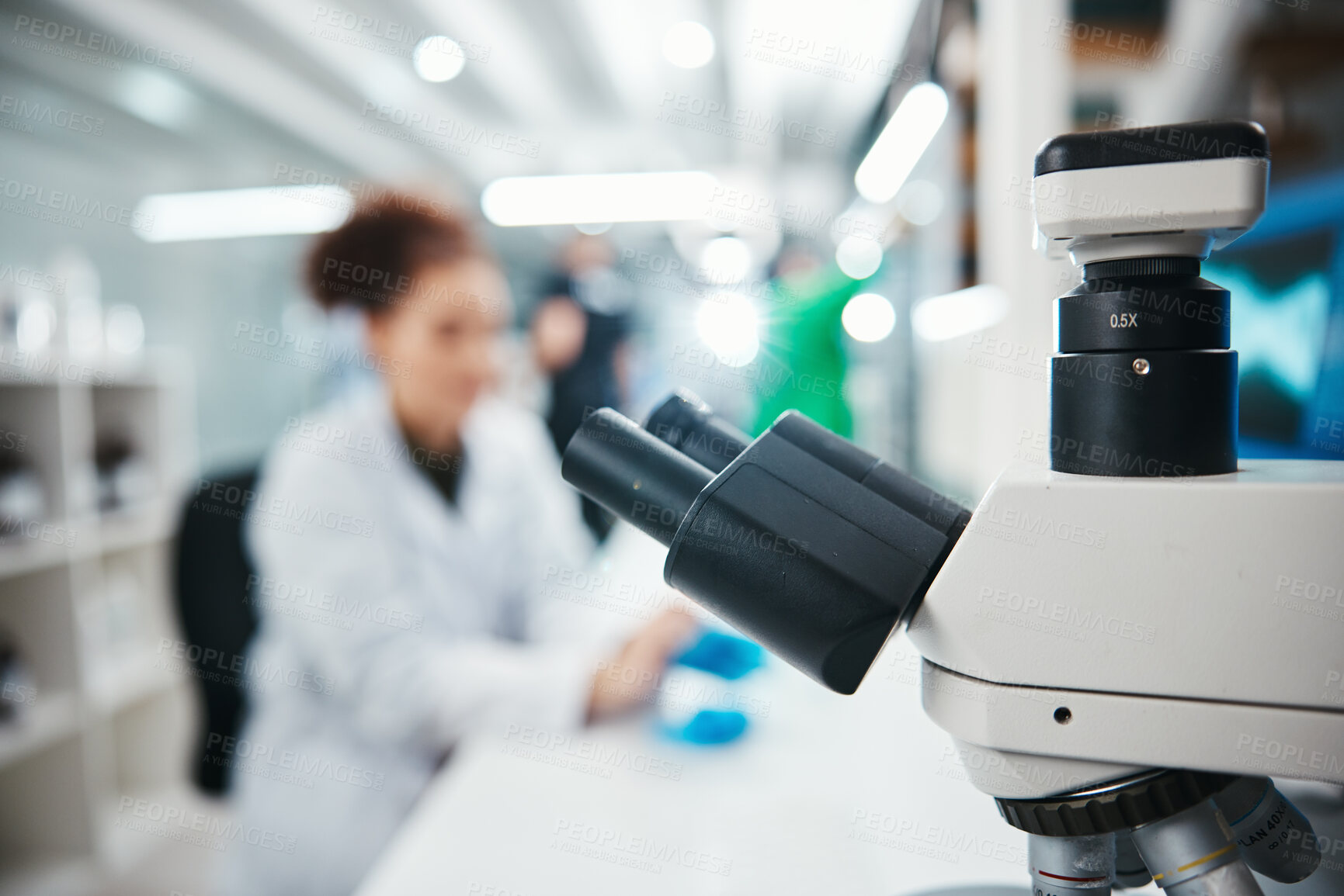 Buy stock photo Science, innovation and microscope for research or medical study, pharmaceutical development and solution. Biotechnology, person and precision instrument for biology, investigation and examination.