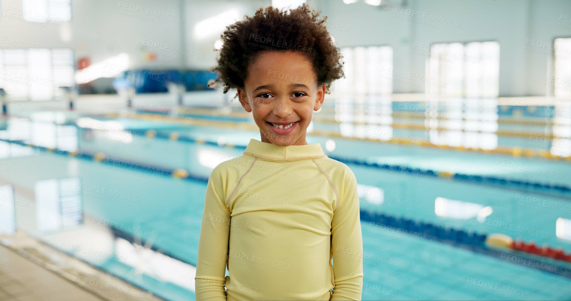 Buy stock photo Portrait, boy and happy with confidence at swimming center for training, workout and practice for child development. Male person, kid and smile for sports challenge, tournament and fitness program