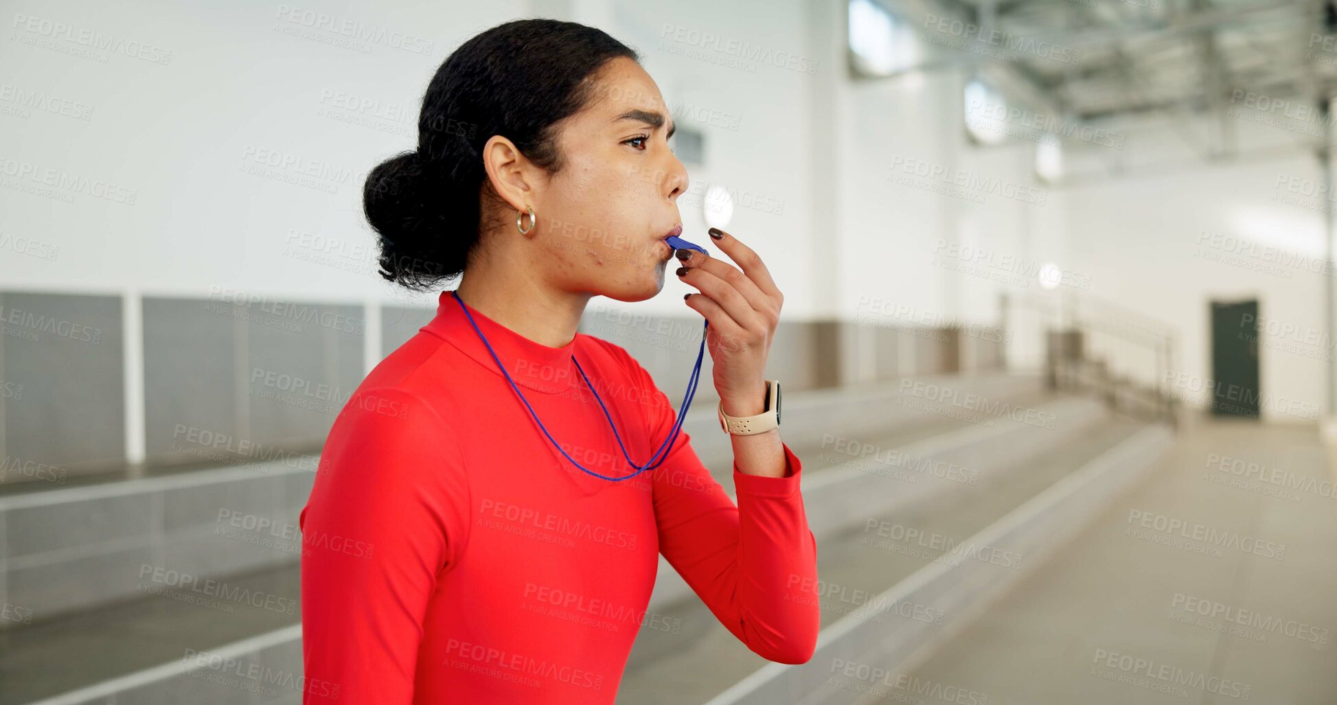 Buy stock photo Fitness, swimming and whistle with personal trainer woman in gym for start of training drills. Cardio, exercise and teaching with person coaching in health club for swimmer routine or workout