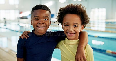 Buy stock photo Portrait, smile or kids at pool for class, happiness or friendship in school gym. Boys, friends or support in swimming lesson for muscle development, coordination skills or confidence growth in water