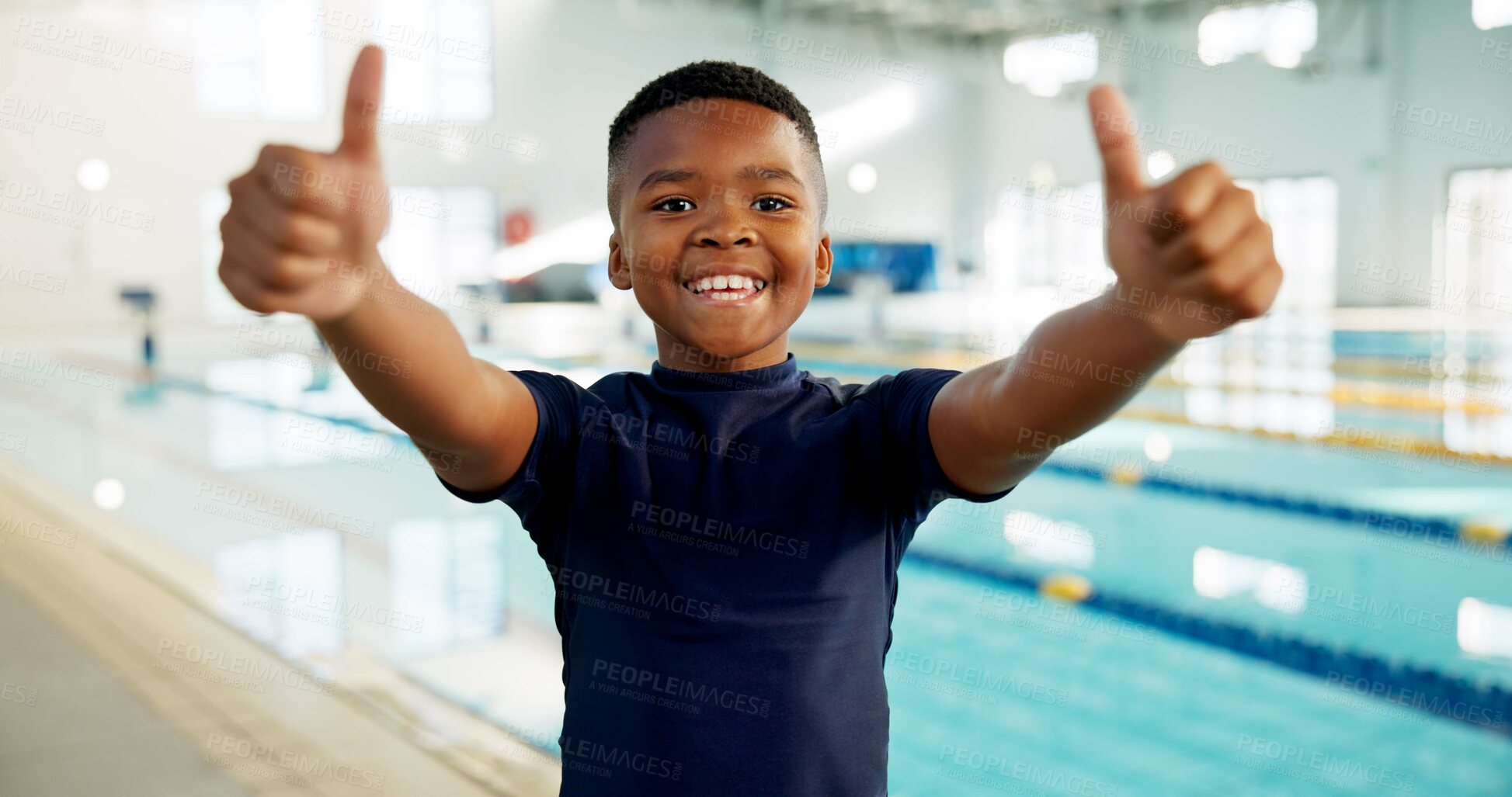 Buy stock photo Portrait, black boy and happy with thumbs up at swimming center for training, workout and practice for child development. Kid, agree and smile or confident for sports challenge and tournament