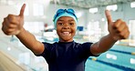 Portrait, black boy and smile with thumbs up at swimming center for training, workout and practice for child development. Male person, agree and happy or confident for sports challenge and tournament