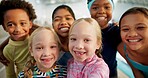 Portrait, kids and happy with selfie at swimming center for training, workout and practice for child development. Diversity, friends and smile for sports challenge, tournament and games for fitness