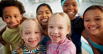 Buy stock photo Portrait, kids and happy with selfie at swimming center for training, workout and practice for child development. Diversity, friends and smile for sports challenge, tournament and games for fitness