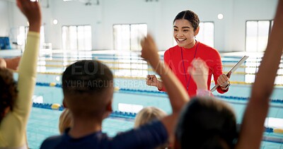 Buy stock photo Swimming pool, lesson and teacher with excited kids for learning, practice and training. Lifeguard coach, happy and swimmer instructor with children for exercise, fitness and water sports class