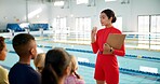 Swimming pool, lesson and lifeguard teacher with kids for learning, practice and safety training. Pool, clipboard and swimmer instructor with children for exercise, fitness and water sports class