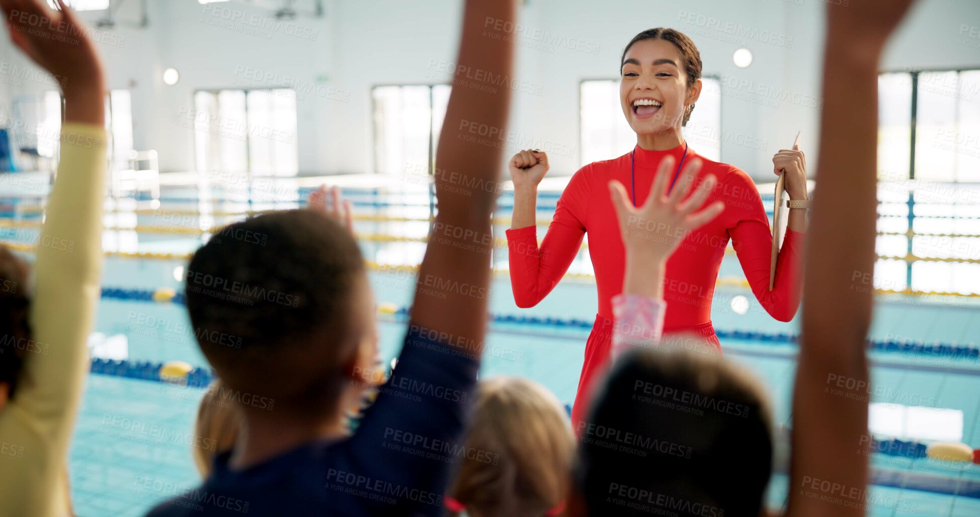 Buy stock photo Swimming pool, lesson and teacher with kids with hands up for learning, practice and training. Excited, celebrate and swimmer instructor with children for exercise, fitness and water sports class