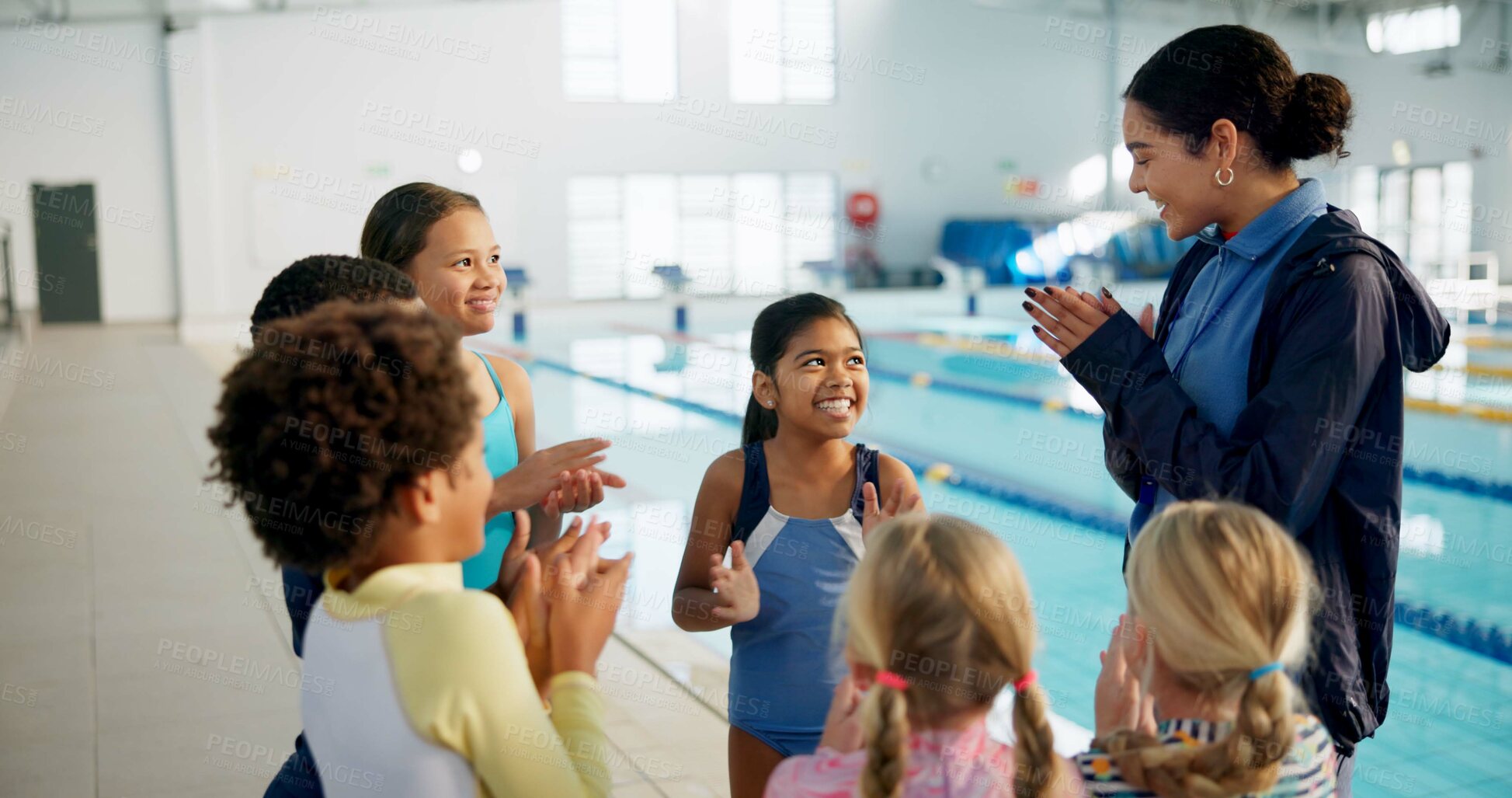 Buy stock photo Swimming, lesson and teacher with kids with applause for learning, practice and training success. Teamwork, celebrate and swimmer instructor with children for exercise, fitness and water sports class