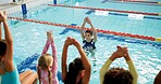 Swimming pool, woman and children with fitness, water and coach with safety, instructions and teaching. People, trainer and students with recreation, learning and specialist with conversation or kids