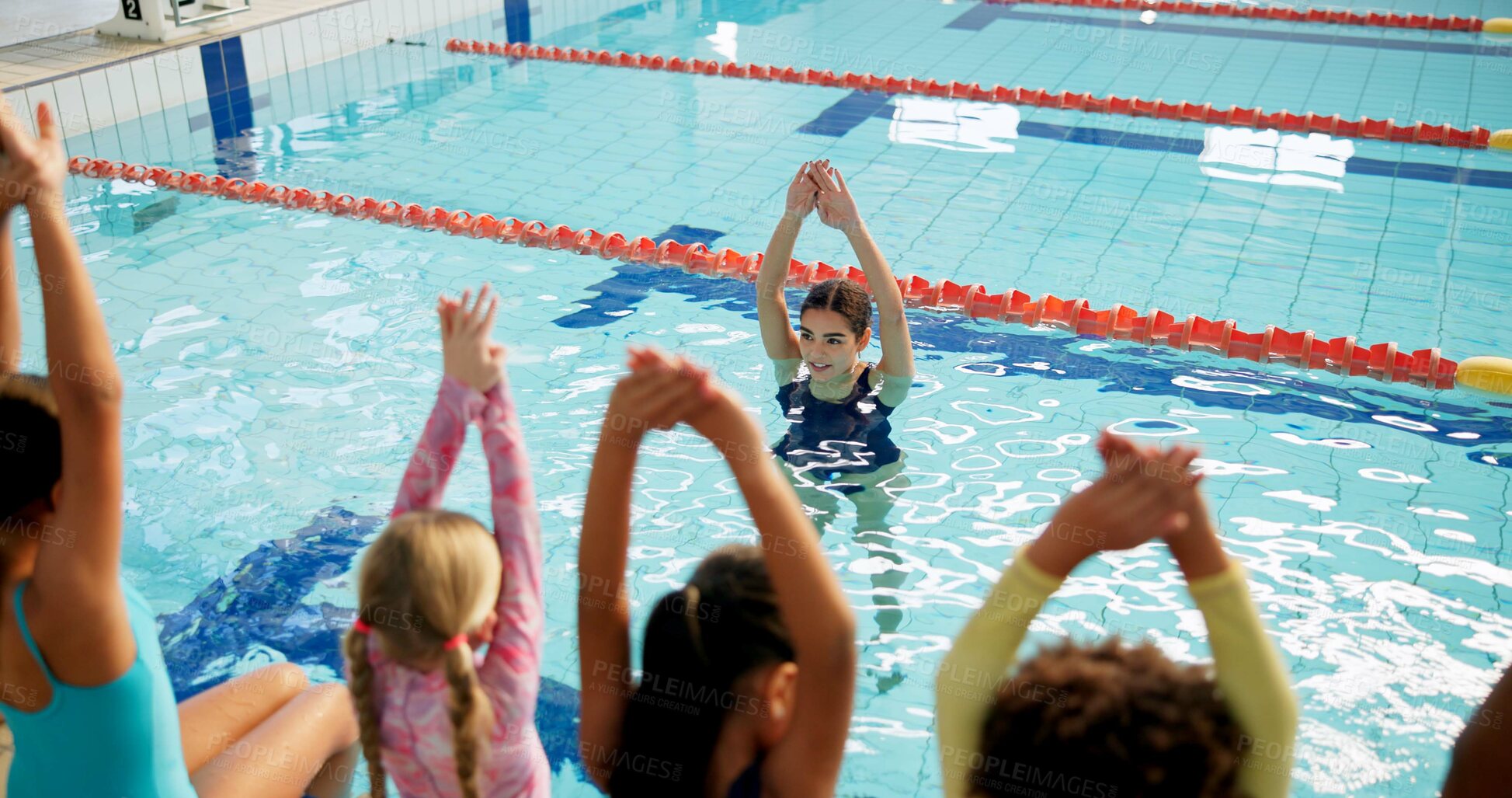 Buy stock photo Swimming pool, woman and children with fitness, water and coach with safety, instructions and teaching. People, trainer and students with recreation, learning and instructor with conversation or kids