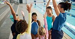 Swimming pool, lesson and teacher with kids with high five for learning, practice and training. Teamwork, celebrate and swimmer instructor with children for exercise, fitness and water sports class