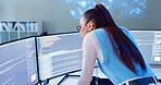 Woman, computer screen and thinking in office for code, software development and programming. Female developer, tech and reading at desk for cybersecurity, website design and metaverse information