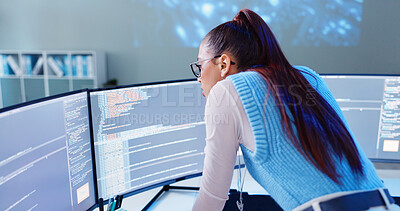 Buy stock photo Woman, computer screen and thinking in office for code, software development and programming. Female developer, tech and reading at desk for cybersecurity, website design and metaverse information