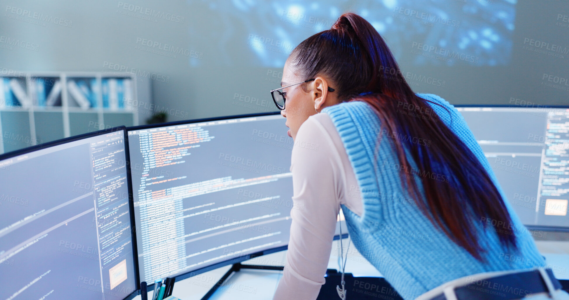 Buy stock photo Woman, computer screen and thinking in office for code, software development and programming. Female developer, tech and reading at desk for cybersecurity, website design and metaverse information